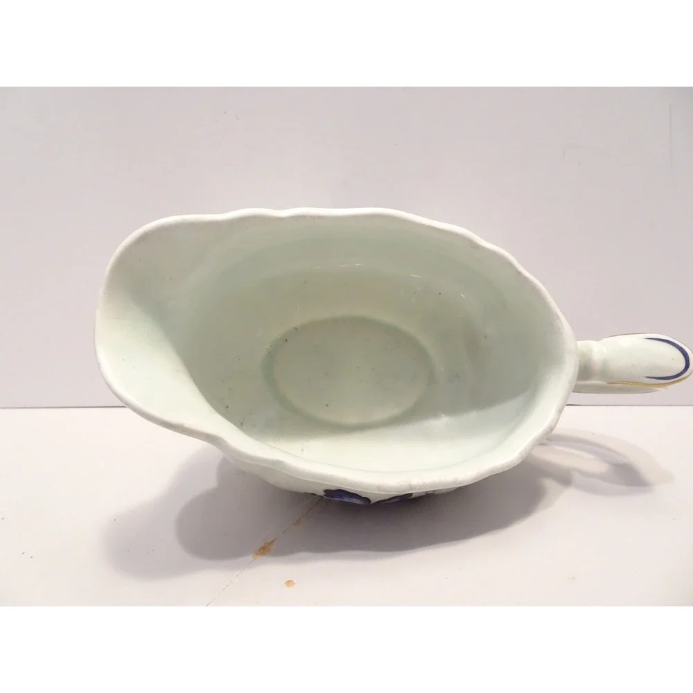 Rorstrand Sweden Gravy Boat Blue Floral Iris Gold Gilt Scalloped Porcelain